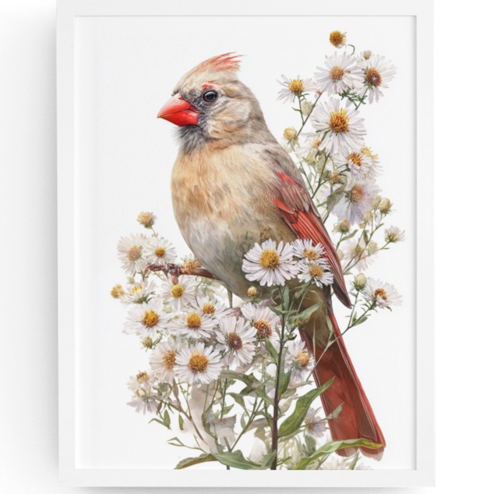 Watercolor Female Cardinal Bird with Flowers Wall Art Print Unframed